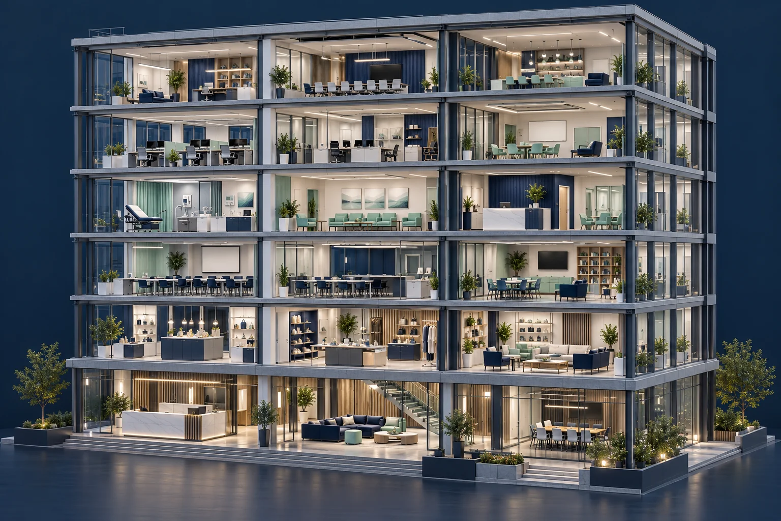 Illustrative architectural cutaway of a commercial building